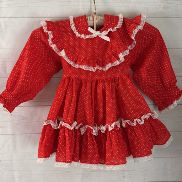 Vintage Mini World 2T Red & White Polkadot Circle Dress pageant Ruffles & Lace